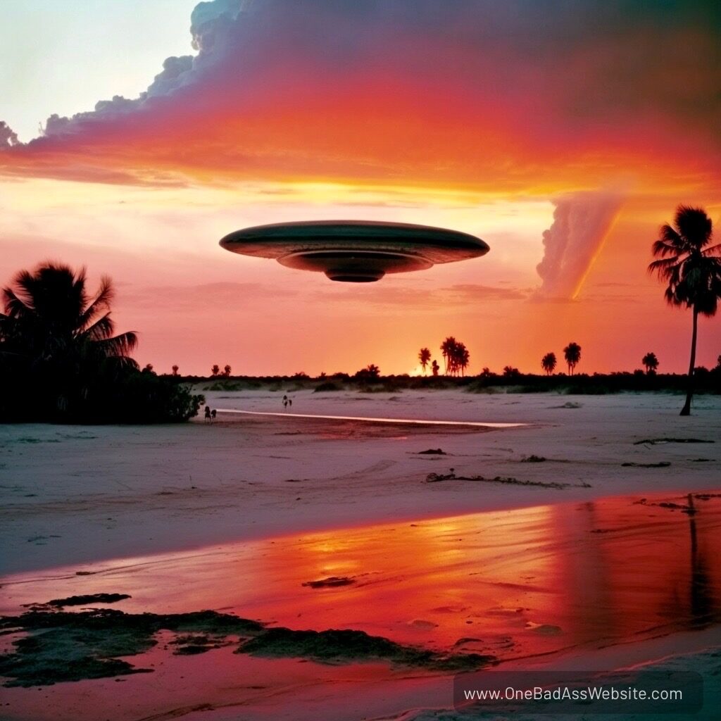 UFO, tropical island, sunset, artist rendering, unidentified aerial phenomena, extraterrestrial, onebadasswebsite.com, captivating image, mysterious beauty