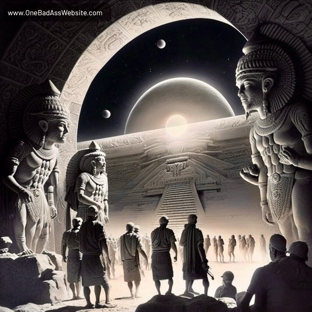 artist's rendering, Sumerians, Anunnaki, ancient knowledge, extraterrestrial interaction, celestial teachers, Sumerian civilization, alien encounter, advanced beings, learning, ancient wisdom, divine beings, historical art, Sumerian culture, cosmic mentors, extraterrestrial guidance, Sumerian history, Anunnaki influence
