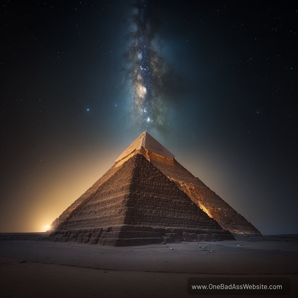 great pyramid, starry sky, artist rendition, ancient egypt, giza, celestial, night sky, pyramid of khufu, www.onebadasswebsite.com, historical illustration, majestic, mysterious, extraterrestrial influence, astronomy,