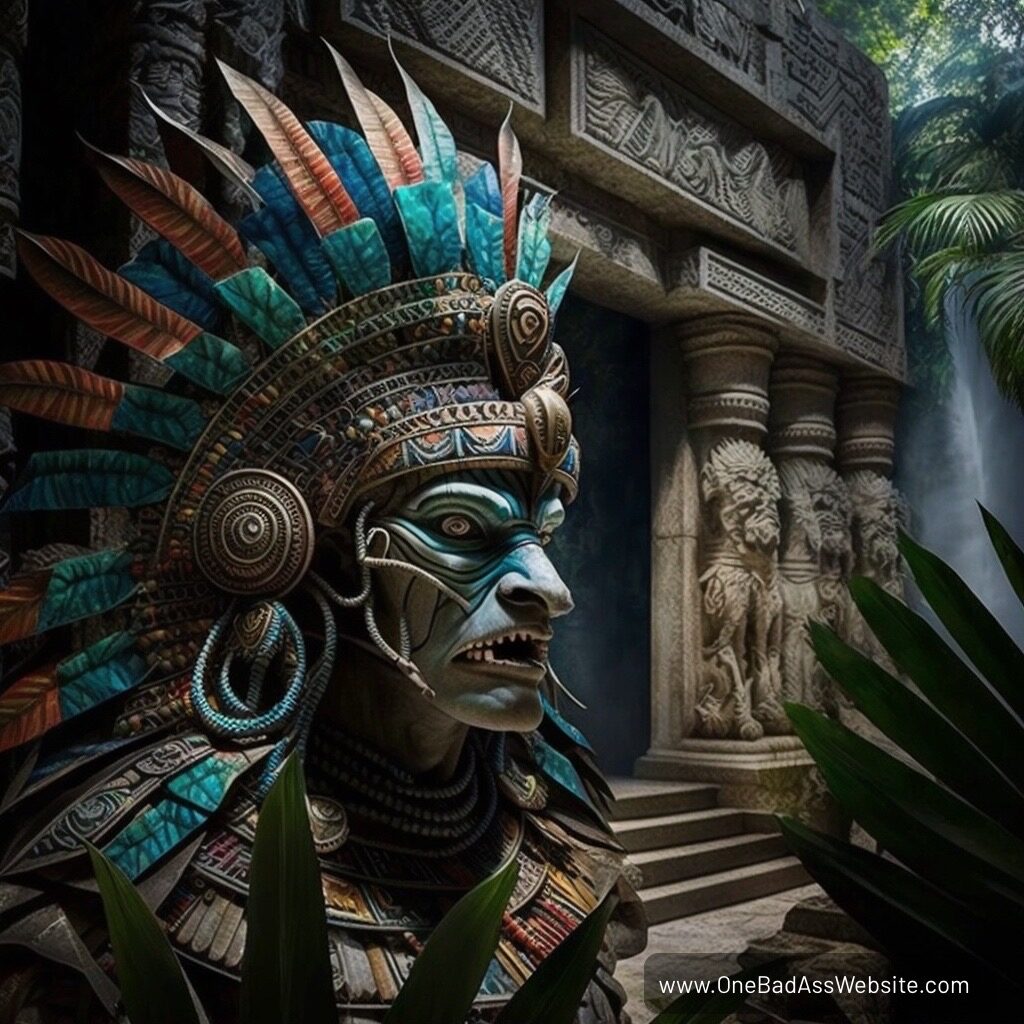quetzalcoatl, artist rendering, temple, ancient mesoamerica, aztec mythology, feathered serpent, deity, www.onebadasswebsite.com, sacred, historical illustration, cultural icon, divine figure, religious architecture,