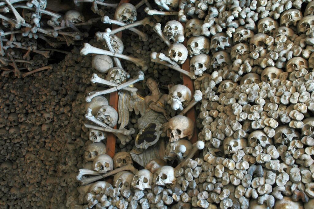 A close-up of skulls arranged in a pattern on the wall of the Chapel in Czermna, Poland.