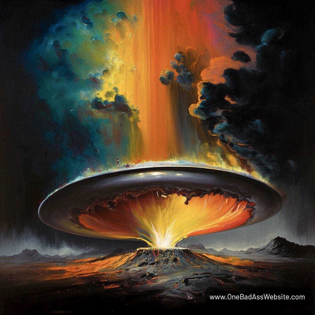 UFO, erupting volcano, Earth's formative years, ancient Earth, extraterrestrial, onebadasswebsite, alien presence, prehistoric, geological events, mysterious sightings, hovering craft, primordial landscape, cosmic visitors, early Earth, volcanic eruption, unidentified flying object, otherworldly, ancient skies,